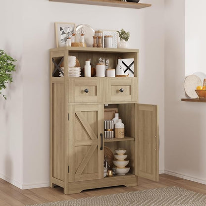 Befrases Natural Wood Storage Cabinet with Drawers and Shelves, Standing Kitchen Pantry Cabinet, Floor Storage Cabinet Hutch Cupboard, Coffee Bar Station for Dining Living Room Home Office