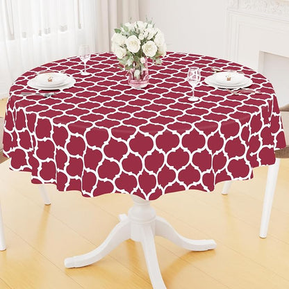 Smiry Round Plastic Table Cloth, Waterproof Vinyl Tablecloth with Flannel Backing for Round Tables, Wipeable & Spillproof for Dining, Camping, Indoor and Outdoor (60" Round, Burgundy)