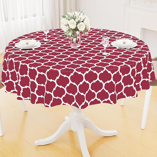 Smiry Round Plastic Table Cloth, Waterproof Vinyl Tablecloth with Flannel Backing for Round Tables, Wipeable & Spillproof for Dining, Camping, Indoor and Outdoor (60" Round, Burgundy)