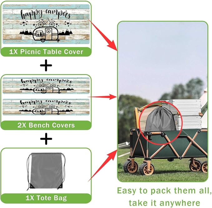 JAWO Picnic Table and Bench Cover Set, Happy Campers Vintage Rustic Wood Plank Camper Trailer Outdoor Foldable Picnic Table Cloth Protector with Drawstring Storage Bag 30X72inch