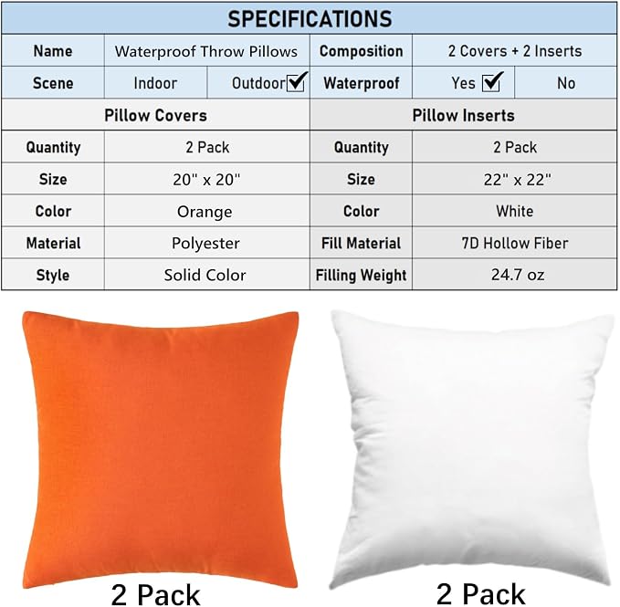 Outdoor Throw Pillows with Inserts, Waterproof Pillows for Outdoor Seating, Square Decorative Garden Cushion for Patio Furniture, Bed, Couch, Sofa (Orange, 20" x 20" (Pack of 2))