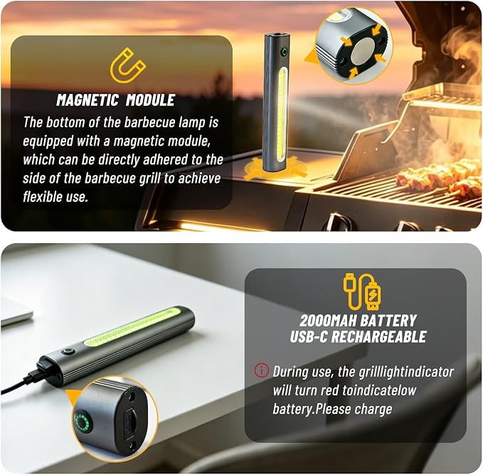 Barbecue Grill Light for Outdoor, Rechargeable 360° Rotatable Waterproof LED Light with Ultra-Bright COB LED, Magnetic Base, Grill Accessories, Smoker BBQ Grilling Gift for Men Dad Him