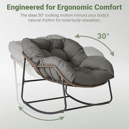 Bifanuo Oversized Egg Rocking Chair for Indoor/Outdoor – All-Weather Wicker Rattan Lounge Chair with Cushion, Patio Rocker for Porch, Garden, or Balcony (Classic Grey)
