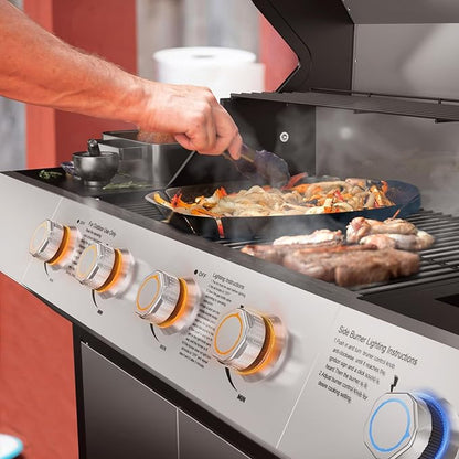4-Burner Propane Gas Grill with Side Burner, 60,000 BTUs Output Stainless Steel Propane Grill for Outdoor Cooking and Patio Barbecues