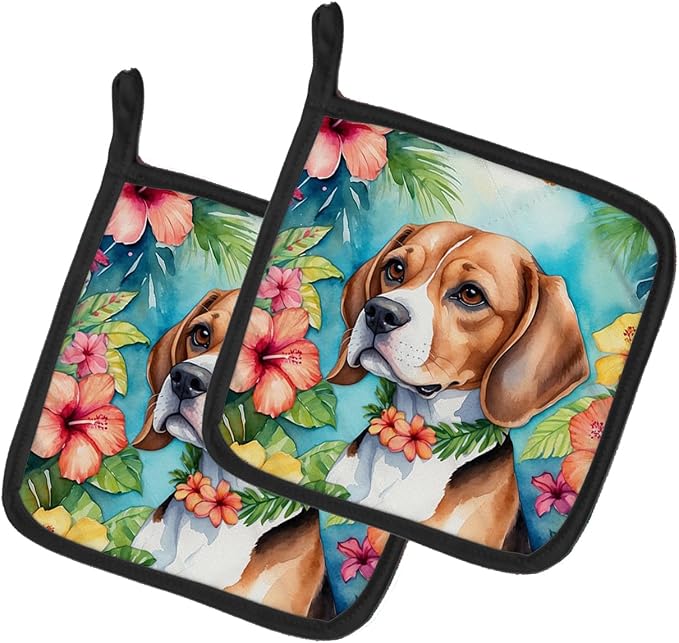 Caroline's Treasures Beagle Luau Pair of Pot Holders Kitchen Heat Resistant Pot Holders Sets Oven Hot Pads for Cooking Baking BBQ, 7 1/2 x 7 1/2