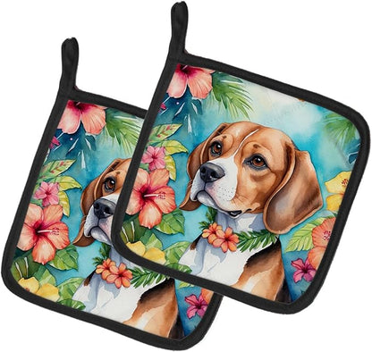 Caroline's Treasures Beagle Luau Pair of Pot Holders Kitchen Heat Resistant Pot Holders Sets Oven Hot Pads for Cooking Baking BBQ, 7 1/2 x 7 1/2