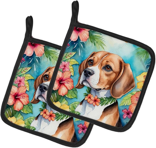 Caroline's Treasures Beagle Luau Pair of Pot Holders Kitchen Heat Resistant Pot Holders Sets Oven Hot Pads for Cooking Baking BBQ, 7 1/2 x 7 1/2