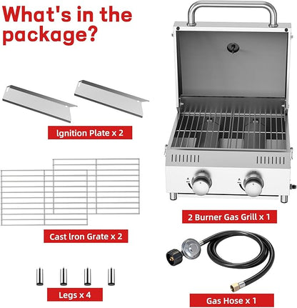 Veralune Tabletop Gas Grill, Small Propane Grill, Portable 2 Burner Gas Grill, Locking Lid, 20,000 BTUs, Built-in Thermometer, Stainless Steel