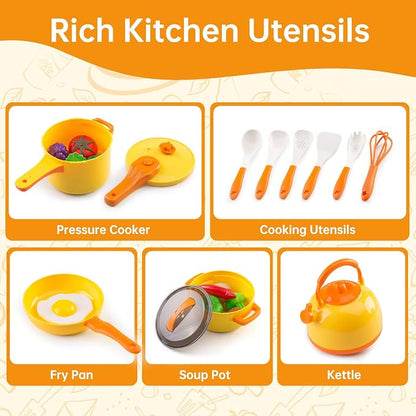 120Pcs Mini Play Kitchen Accessories, Kids Pretend Cooking Playset with Desserts, Cuttable Veggies & BBQ & Storage Basket, Educational Role-Play Gift for Toddlers, Child, Yellow