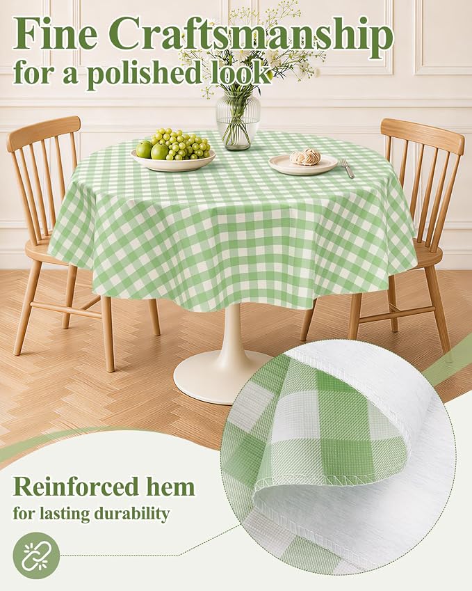 Seenus Light Green Gingham Vinyl Round Tablecloth with Flannel Backing, Waterproof & Wipeable Checkered Table Cloth for Kitchen Patio and Backyard Garden, 60 Inch Circular (Fits 30-48" Tables)