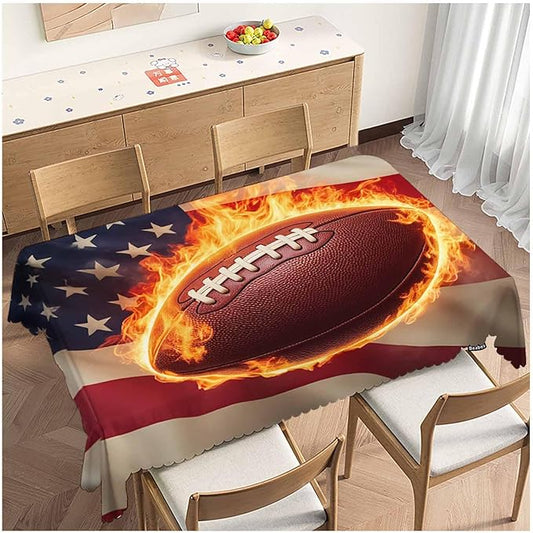 Tablecloth American Flag Football 52 X 70 Inch, Sport Fire Football USA Flag Oblong Table Cloths Anti-Shrink Decorative Table Cover for Kitchen Dinning Tabletop Outdoor Picnic BBQ