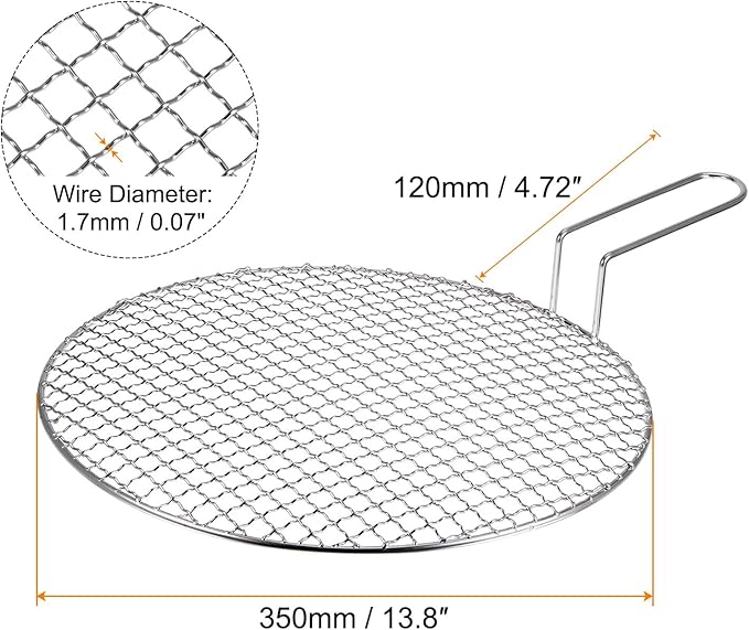 HARFINGTON Stainless Steel Grill 13.8-inch Round Barbecue Net BBQ Grill Pan Non-Stick Baking Wire Mesh Rack with Handle for Charcoal BBQ Steak