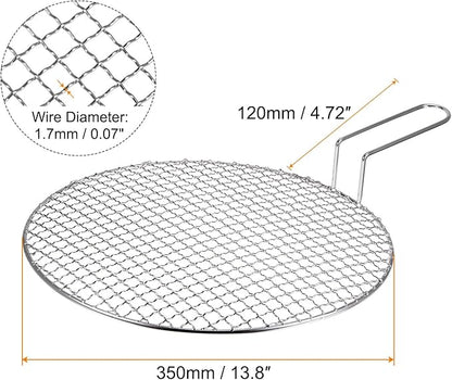 HARFINGTON Stainless Steel Grill 13.8-inch Round Barbecue Net BBQ Grill Pan Non-Stick Baking Wire Mesh Rack with Handle for Charcoal BBQ Steak