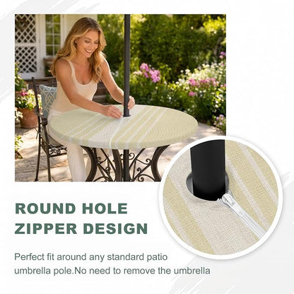 Outdoor Fitted Tablecloth with Umbrella Hole and Zipper, Vintage Yellow Beige Striped Elastic Round Patio Table Cover, Farmhouse Retro Lines Modern Table Protector for Backyard BBQ Party 45''-54''