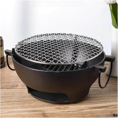 Cast Iron Grill Round Small Portable Korean Style Charcoal Barbecue For Outdoor Tabletop Camping BBQ Make Tea(26cm)