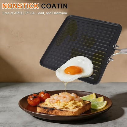 11 Inch Square Cast Iron Grill Pan, Pre‑Seasoned Ridged Skillet with Stainless Steel Handle, Even Heating Griddle for Burger Steak, Indoor Outdoor Stovetop BBQ Compatible