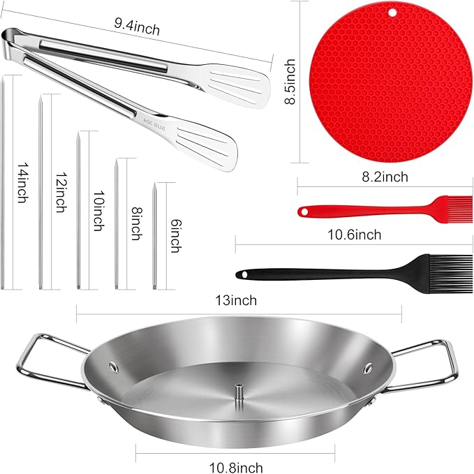 Al Pastor Skewer for Grill, 13 Inch Brazilian Spit Stand with 5 Spikes & 2 Brushes, Tong, Pad, Stainless Steel Vertical Sticks, Gyro Pan with Fat Separator for Tacos Al Pastor, Shawarma, Chicken