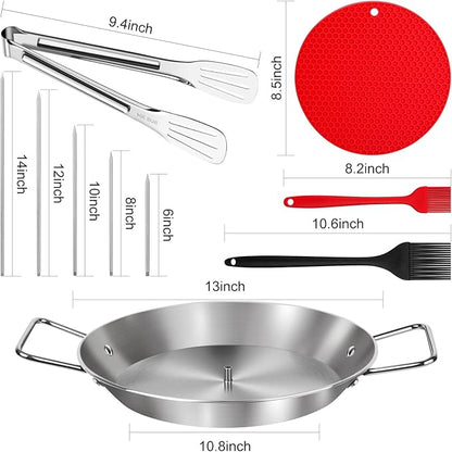 Al Pastor Skewer for Grill, 13 Inch Brazilian Spit Stand with 5 Spikes & 2 Brushes, Tong, Pad, Stainless Steel Vertical Sticks, Gyro Pan with Fat Separator for Tacos Al Pastor, Shawarma, Chicken
