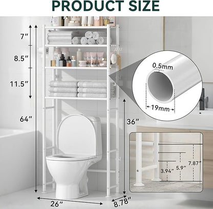 GloTika 4-Tier Over The Toilet Storage, 200lb Total Capacity Metal Bathroom Organizer with 36" Clearance, Includes Paper Holder & 4 Hooks, Space Saving Rack for Bathroom Laundry Room (64" H, White)