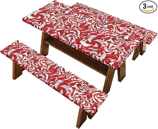 Xmas Elastic Fitted Table Cloth for Camping Party Supplies 3 PCS Set Christmas Swirl Candy Outdoor Picnic Table Cover with Bench Covers