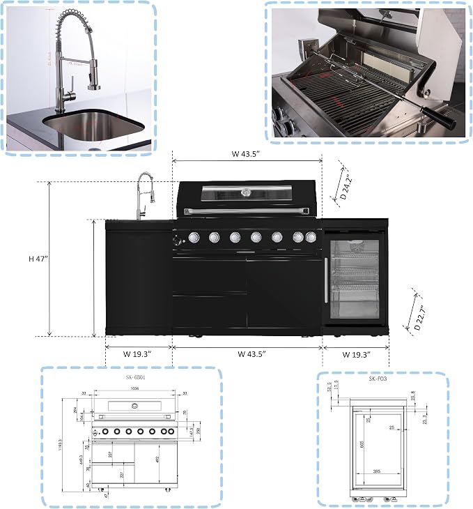 Modular Outdoor Kitchen BBQ Island, Outdoor Kitchen Propane Gas Island Grill with Sink, Compact Refrigerator, Storage Cabinets, Rotisserie Kit (Black, 85")