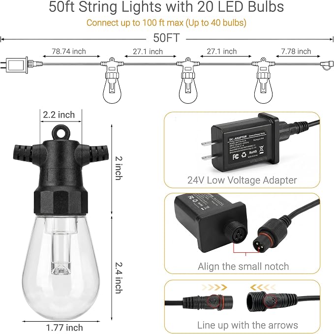 Outdoor String Lights 50FT,Warm & Cool White Patio Lights,Waterproof | 20 LED S14 Plastic Bulbs, 2700K-7000K Tunable White, APP & Remote, Dimmable, IP67 Waterproof, Shatterproof, 24V Low Voltage