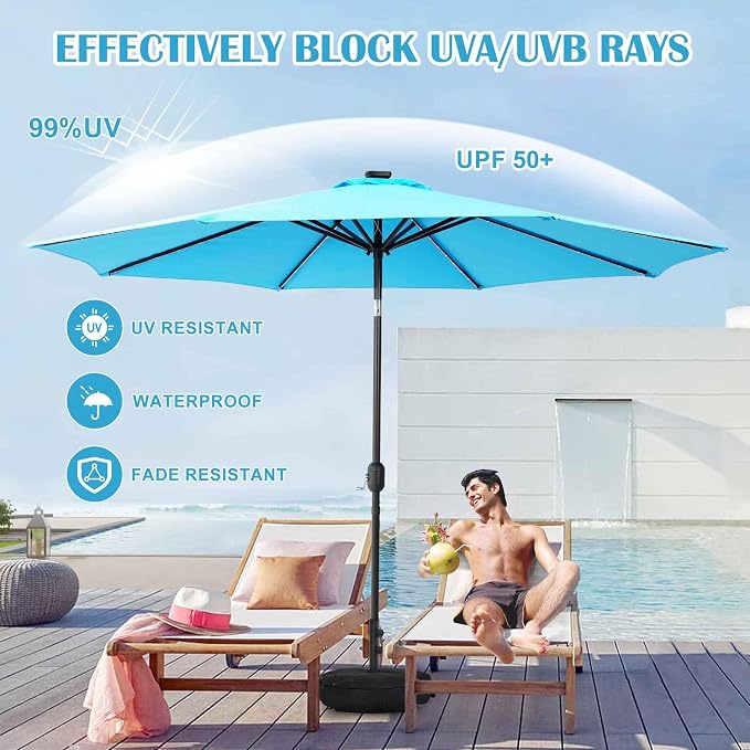 Sundale Outdoor 80 LED 9 FT Solar Patio Umbrella with Base, Blue | Sand Bag Umbrella Base, Tilt, Crank, Solar Lights