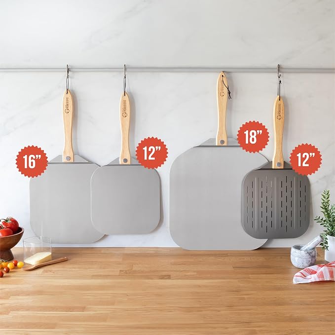 Chef Pomodoro Aluminum Metal Pizza Peel 18 Inch, Foldable Wood Handle | Pizza Paddle & Spatula for Bread, Pastries, Oven or Grill; Foldable for Easy Storage; 18x20 in Aluminum Board