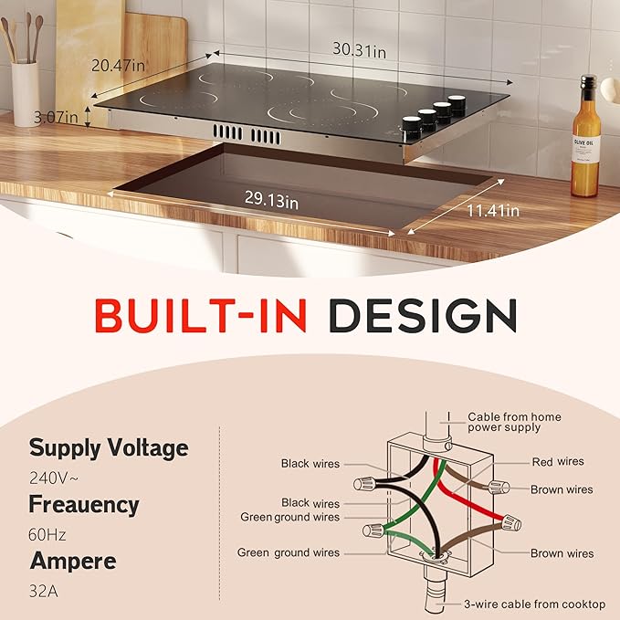 Electric Cooktop 30 Inch Hobsir, 4 Burner Electric Stove Top 6700W, Dual-Ring Burner & Oval Burner, 9 Power Level, 30 Inch Cook top with Safety Lock, Timer, White Knob