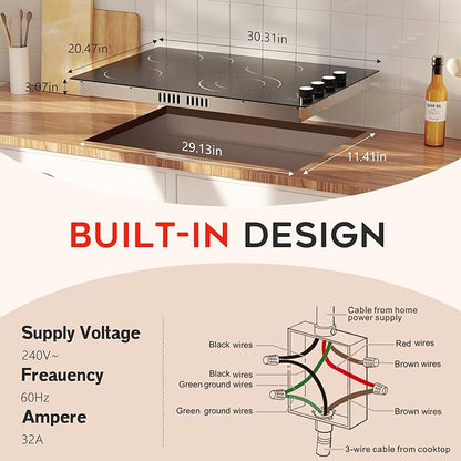 Electric Cooktop 30 Inch Hobsir, 4 Burner Electric Stove Top 6700W, Dual-Ring Burner & Oval Burner, 9 Power Level, 30 Inch Cook top with Safety Lock, Timer, White Knob