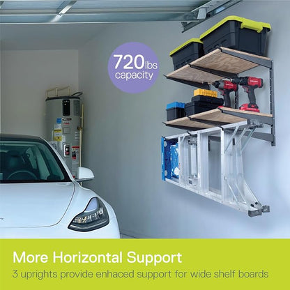 Delta Heavy Duty Lumber Storage Rack Cycle, Holds Up to 720 lbs - 3-Tier Wide Wood Storage Rack with Fully Adjustable Arms - Steel Construction Storage Solution for Garage, Basement & Pantry