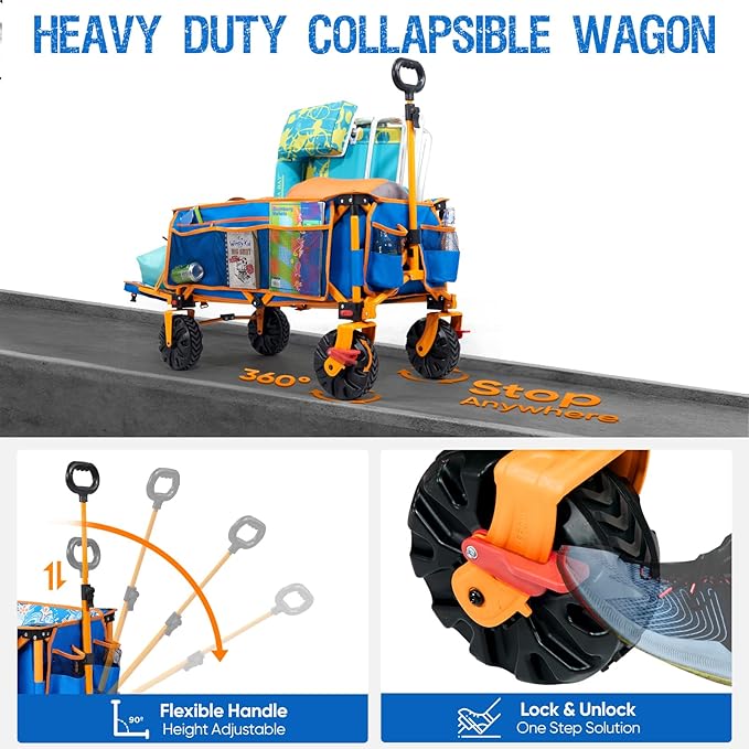 300lbs Extra Long 49" L Beach Wagon with Big Wheels with Brake for Sand, Collapsible Utility Beach Cart Heavy Duty Folding Wagon,Ideal for Outdoor Sand Camping Garden Pet