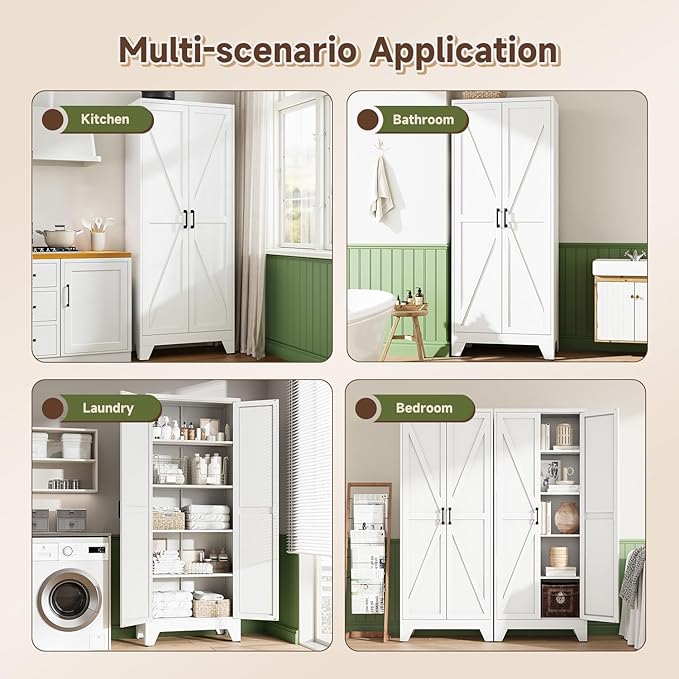 Letaya 75" H Metal Storage Cabinet with 2 Doors and 4 Shelves,Tall Kitchen Pantry Cabinets,Farmhouse Utility Pantry Organizers for Cupboard/Dining/Bathroom/Home Office/Garage,White