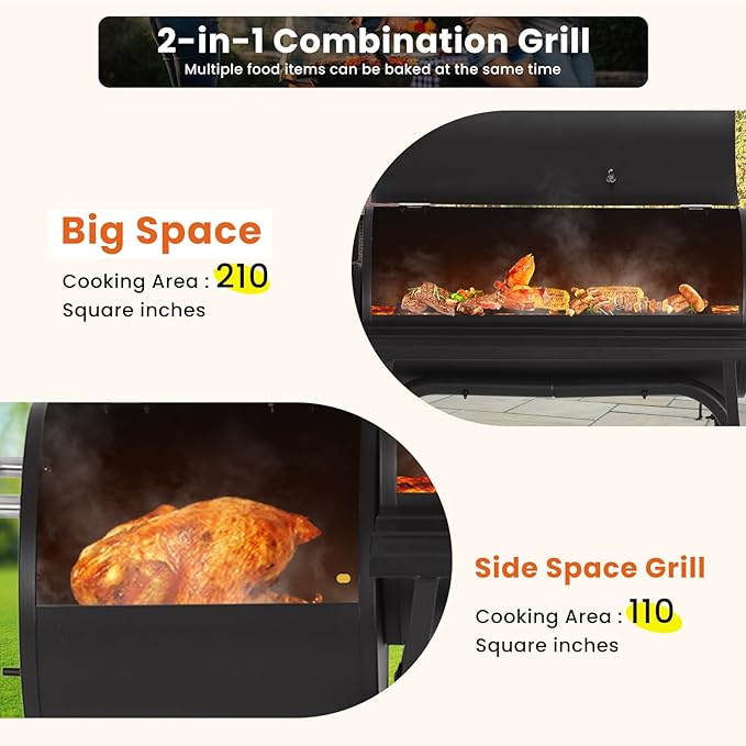 Charcoal Grills & BBQ Grill，43" Outdoor Offset Smoker Barbecue Grill with Built-in Thermometer & Wheels for Backyard, Patio, Camping