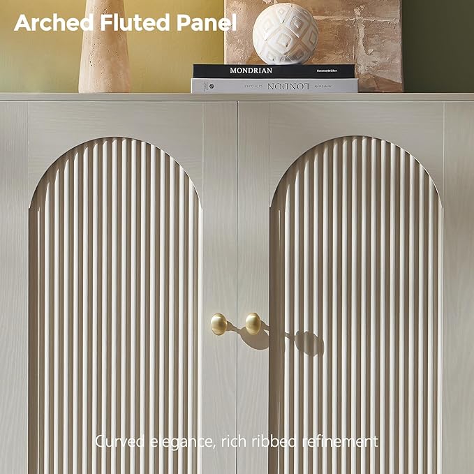 IFBUY Modern Sideboard Buffet Cabinet, 34" Tall Fluted Arched Buffet Cabinet with Storage and Adjustable Shelves, Wooden Modular Coffee Bar Cabinets for Kitchen, Entryway, Cream