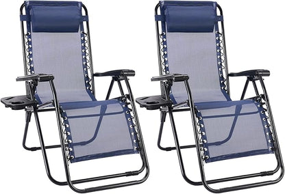 Sweetcrispy Zero Gravity Chairs Set of 2, Outdoor Folding Reclining Lounge Chair with Cup Holder Tray & Adjustable Pillow, Portable Camping Beach Patio Poolside Lawn Yard Chair, Classic Blue