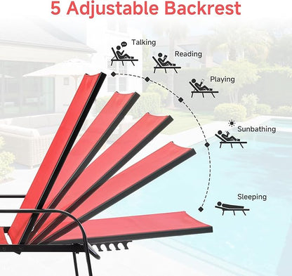 DUMOS Outdoor Lounge Chaise, 5-Position Chaise Lounge with Armrests, Sun Tanning Chair 350 lbs Heavy Duty Patio Pool Chair, Waterproof Sun Lounger for Deck, Backyard, Beach & Poolside, Red