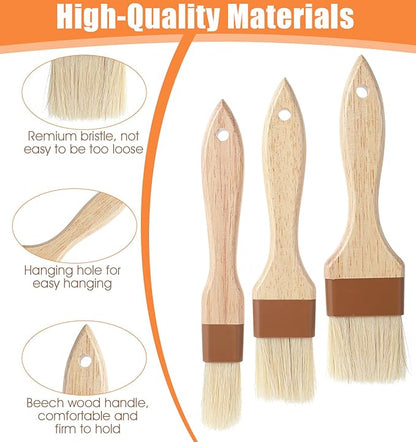 Pastry Brush Natural Bristle, 3Pcs Natural Bristle Basting Brush, Food Brushes Kitchen Baking Grilling Tools for Cooking and Baking for Marinade Butter Easy Clean