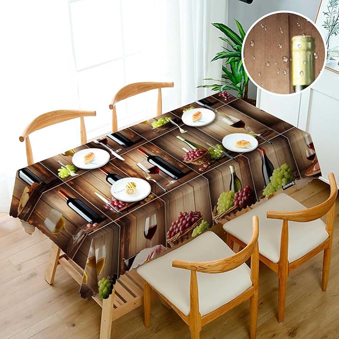 Swono Tablecloth Wine, Retro Red Wine Bottle Glass Grape Wooden Table Cloth for Kitchen Dining Tabletop Decoration Parties Weddings, 52 X 70 Inch Rectangle Tablecloth