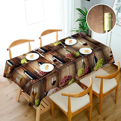 Swono Tablecloth Wine, Retro Red Wine Bottle Glass Grape Wooden Table Cloth for Kitchen Dining Tabletop Decoration Parties Weddings, 52 X 70 Inch Rectangle Tablecloth