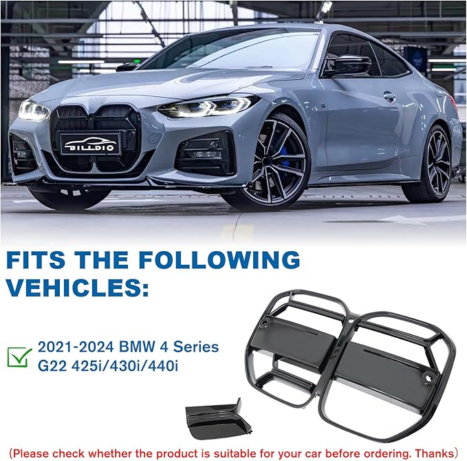 G22 Grille - Black Kidney Single slats Grill Compatible With BMW 4 Series G22/G23 2021-2024 430i M440i ABS Gloss Black Kidney Grill