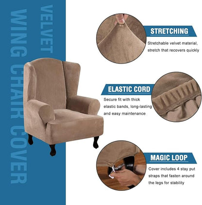 H.VERSAILTEX Wingback Chair Covers Velvet Plush Wing Chair Slipcover 1 Piece High Stretch Wing Back Chair Slipcovers Sofa Cover Furniture Cover with Elastic Bottom, Camel