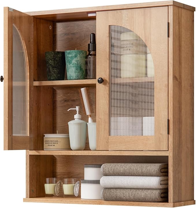 Bathroom Wall Cabinet, Bathroom Storage Cabinet Over Toilet, Medicine Cabinet with Arched Glass Doors & Adjustable Shelves, Wall Mounted Bathroom Cabinet with Open Storage Shelf, Natural