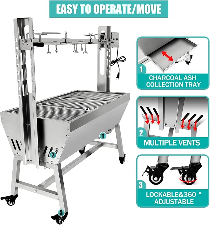 37" Electric Rotisserie Grill, Pig Lamb Spit Roaster Stand Rotisserie 132 Lbs Capacity With Adjustable Height, BBQ Charcoal Rotisserie Grill Kit Stainless Steel For Outdoor Party Camping
