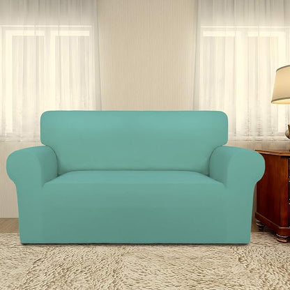 PureFit Stretch Loveseat Covers Fleece Couch Covers for Sofa Cyan | 1-Piece Sofa Slipcover Soft Couch Protector, Sofa Cover Washable with Non Skid Foam and Elastic Bottom for Kids, Dogs