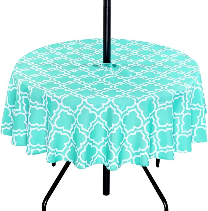 Poise3EHome Round Outdoor Tablecloth with Umbrella Hole and Zipper,Aqua Blue 70 Inch,Polyester SpillProof Washable Table Cloth for Spring Summer Patio Garden Poolside Picnic Camping BBQS