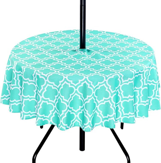 Poise3EHome Round Outdoor Tablecloth with Umbrella Hole and Zipper, Aqua 60 Inch Waterproof Patio Table Cloth, Heavy Duty Wipeable Table Cover for Summer BBQ, Picnic, Camping, Garden & Party Decor
