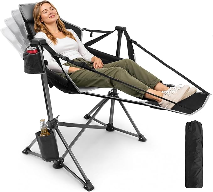 HOPERAN Hammock Camping Chair with Footrest, 400 lbs Swing Chair, Black | 31.5" Wide Seat, 90°-130° Recliner, Stable Frame, 600D Fabric, Carry Bag, Cup Holder, Storage Pocket, for Beach Patio Sports