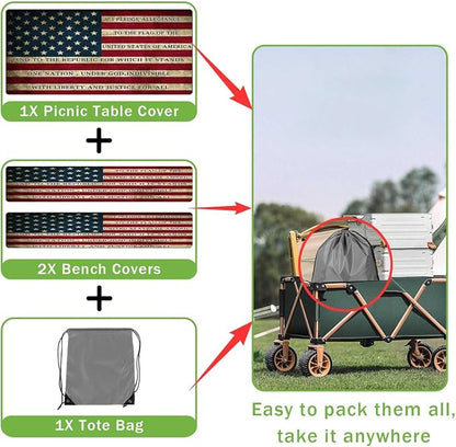 JAWO Vintage American Flag Pledge of Allegiance 3 Piece Picnic Table & Bench Cover Set, Waterproof Elastic Fitted Tablecloth for 4th of July Memorial Day Outdoor BBQ Patio, 30x72 Inch