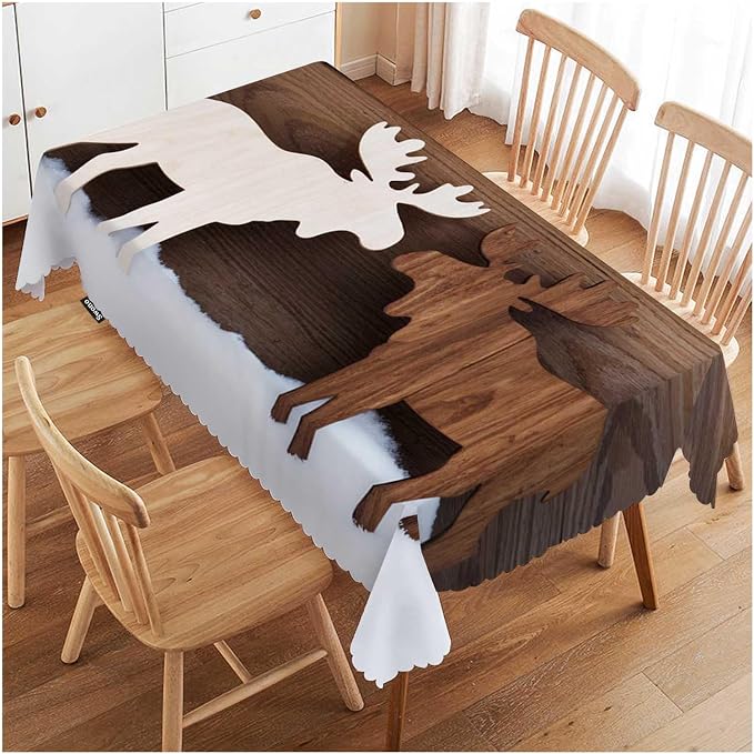 Swono Moose Tablecloths Snow Wooden Deer Moose Christmas Reindeer Kitchen Dinning Tabletop Decoration, Polyester Table Cover for Indoor Outdoor 50x72 Inch Tablecloth